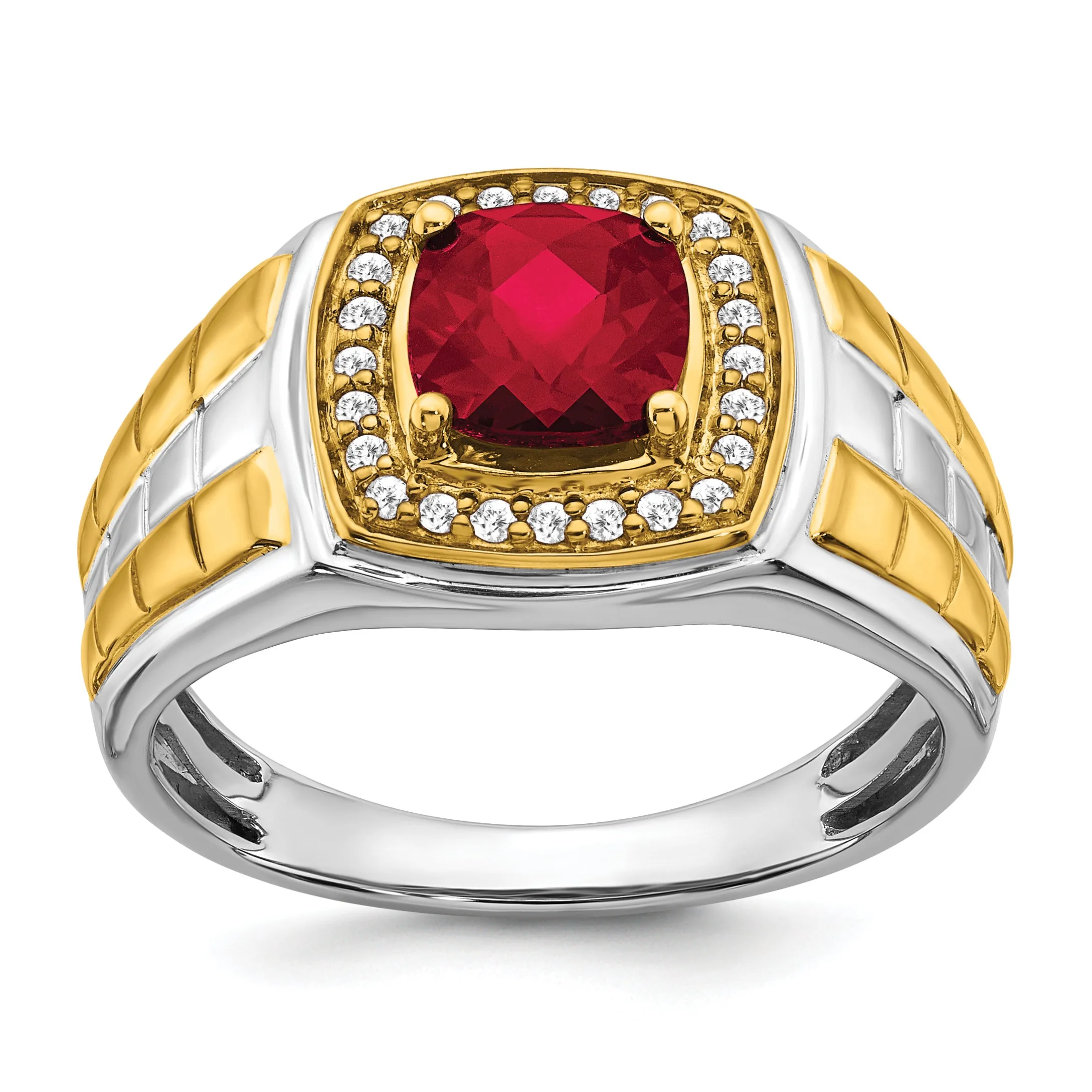 14k Two-tone gold Created Ruby and Diamond Mens Ring