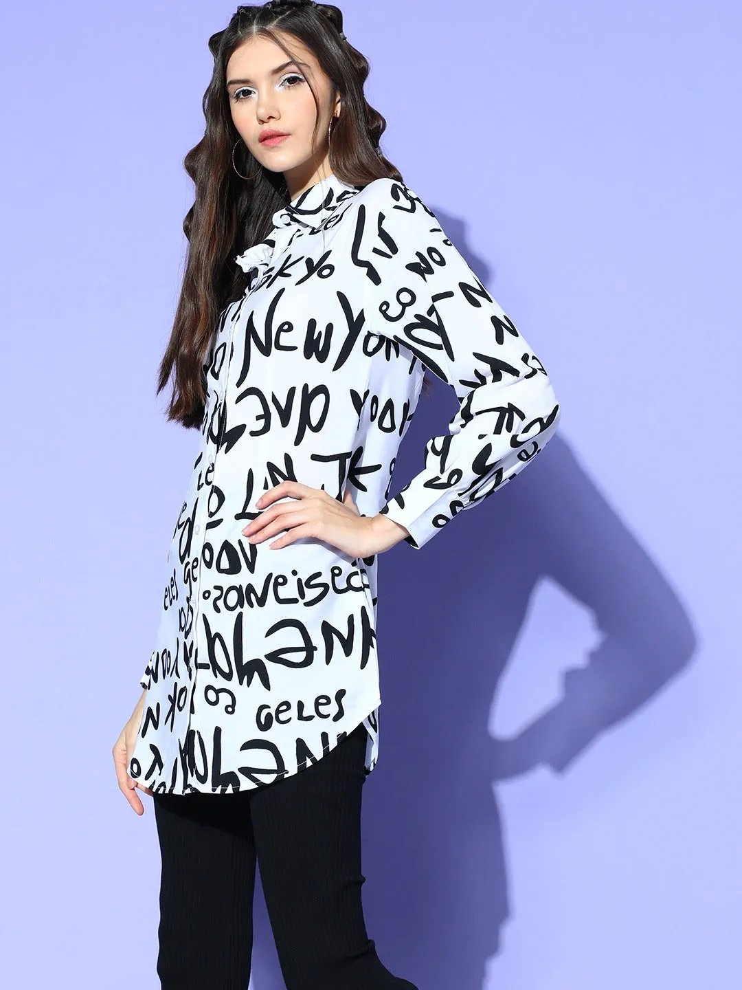 Berrylush Women White & Black Typography Printed Spread Collar Neck Curved Hem Longline Shirt