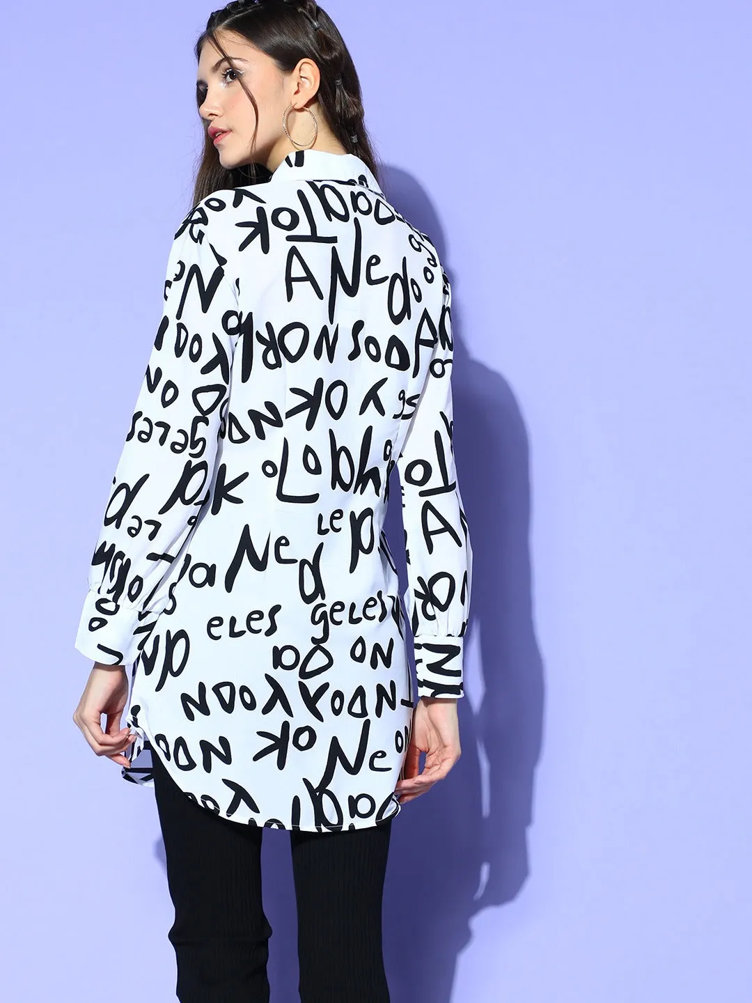 Berrylush Women White & Black Typography Printed Spread Collar Neck Curved Hem Longline Shirt