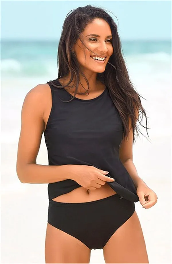 Black Basic Pure Color Tankini Set