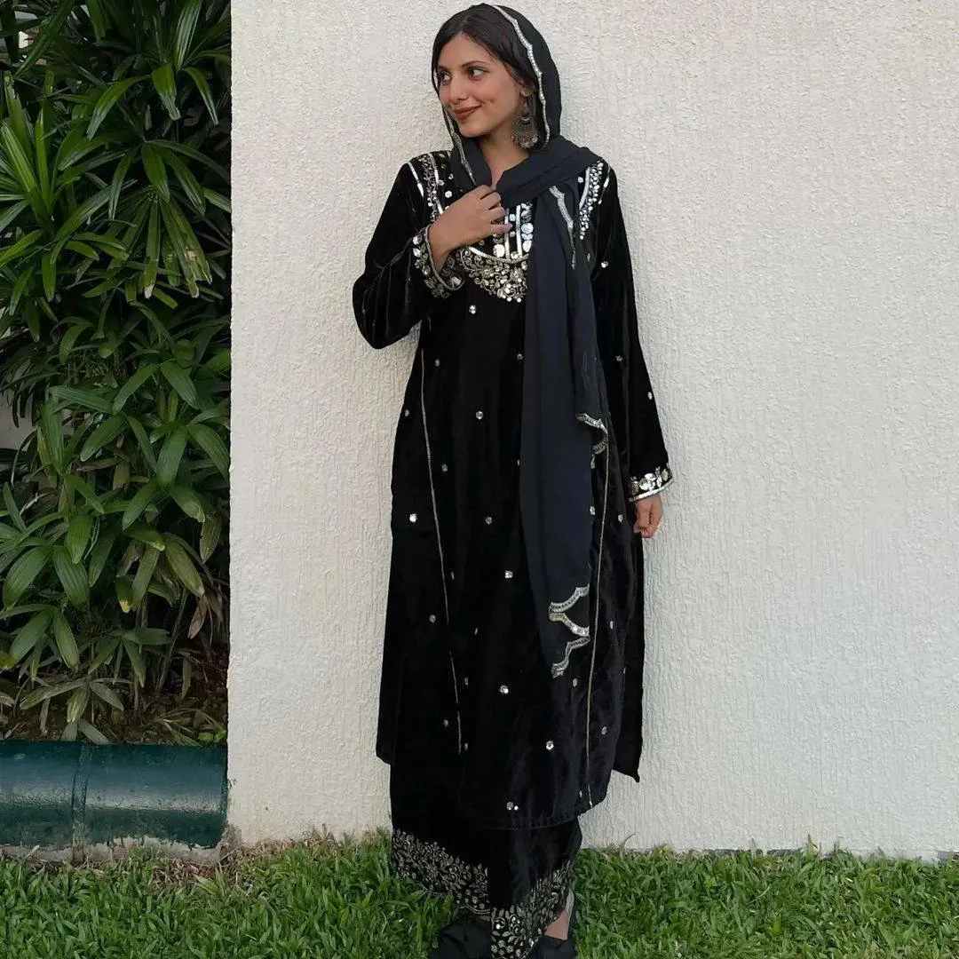 Black Heavy Pure Viscose Velvet Top with Plazzo & Dupatta Set - 5 mm Sequence Work and Fancy Sleeve