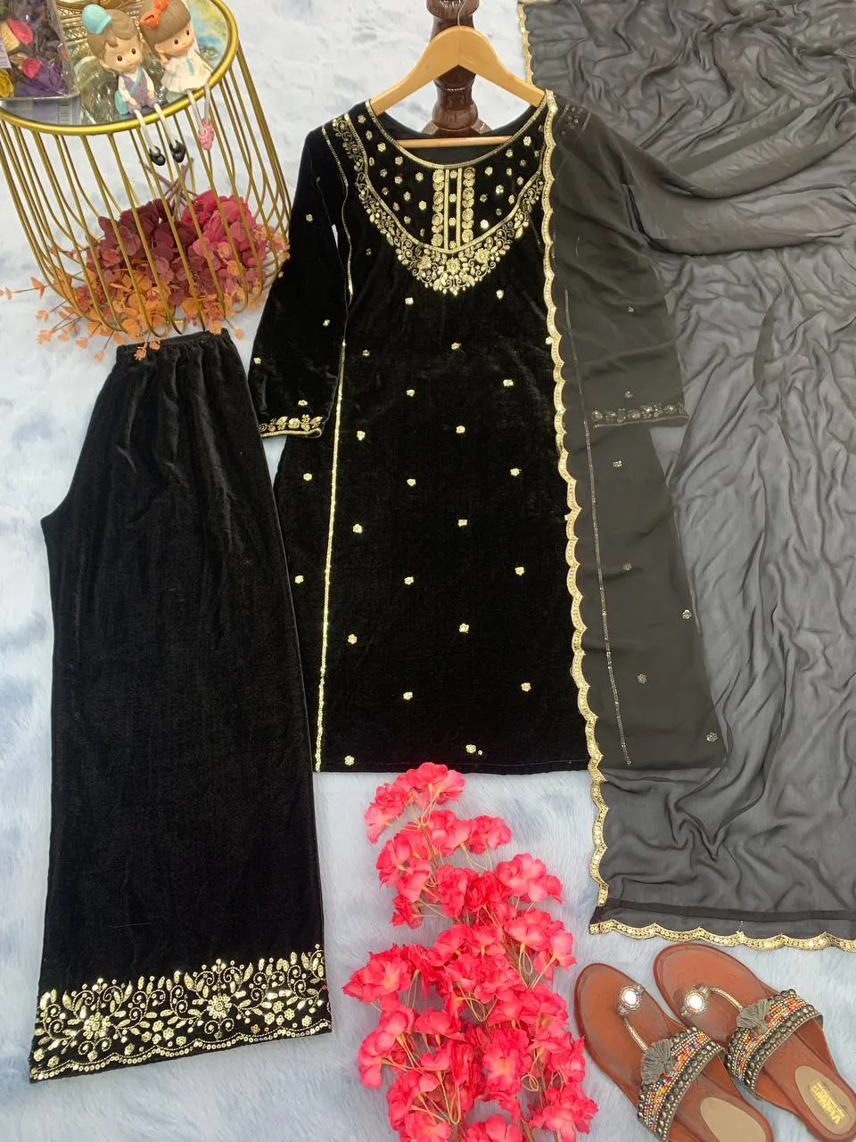 Black Heavy Pure Viscose Velvet Top with Plazzo & Dupatta Set - 5 mm Sequence Work and Fancy Sleeve