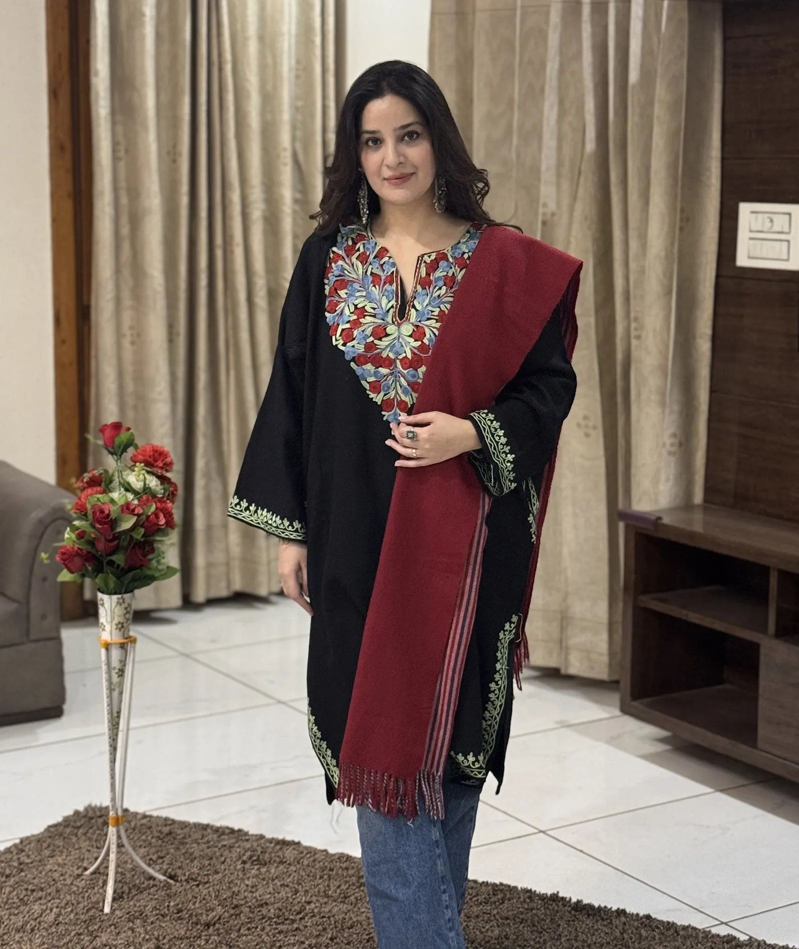 Black Neck Design Aari Embroidered Pheran (Lint Free)