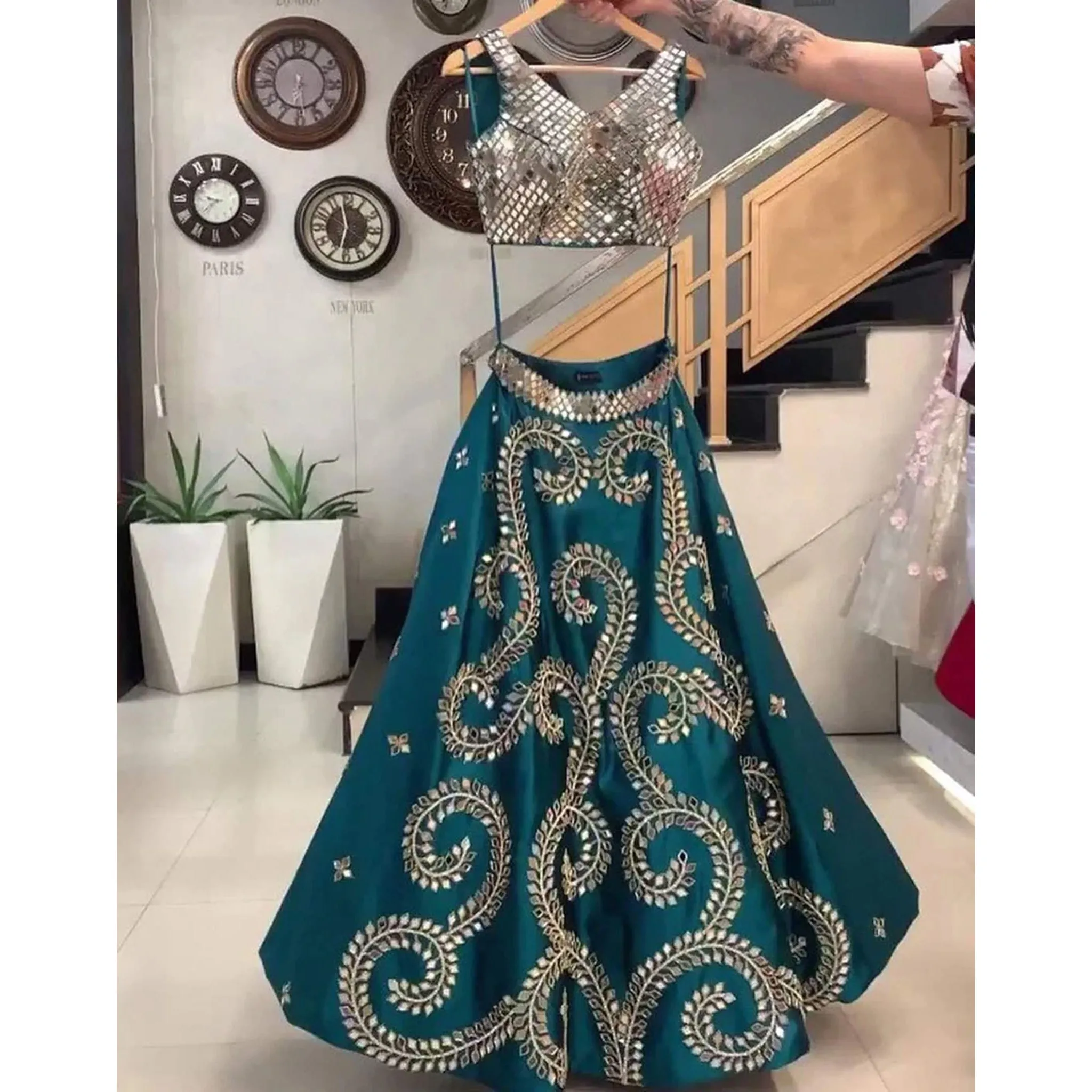 Blue Lehenga Choli in Tafeta Silk with Embroidery and Mirror Work