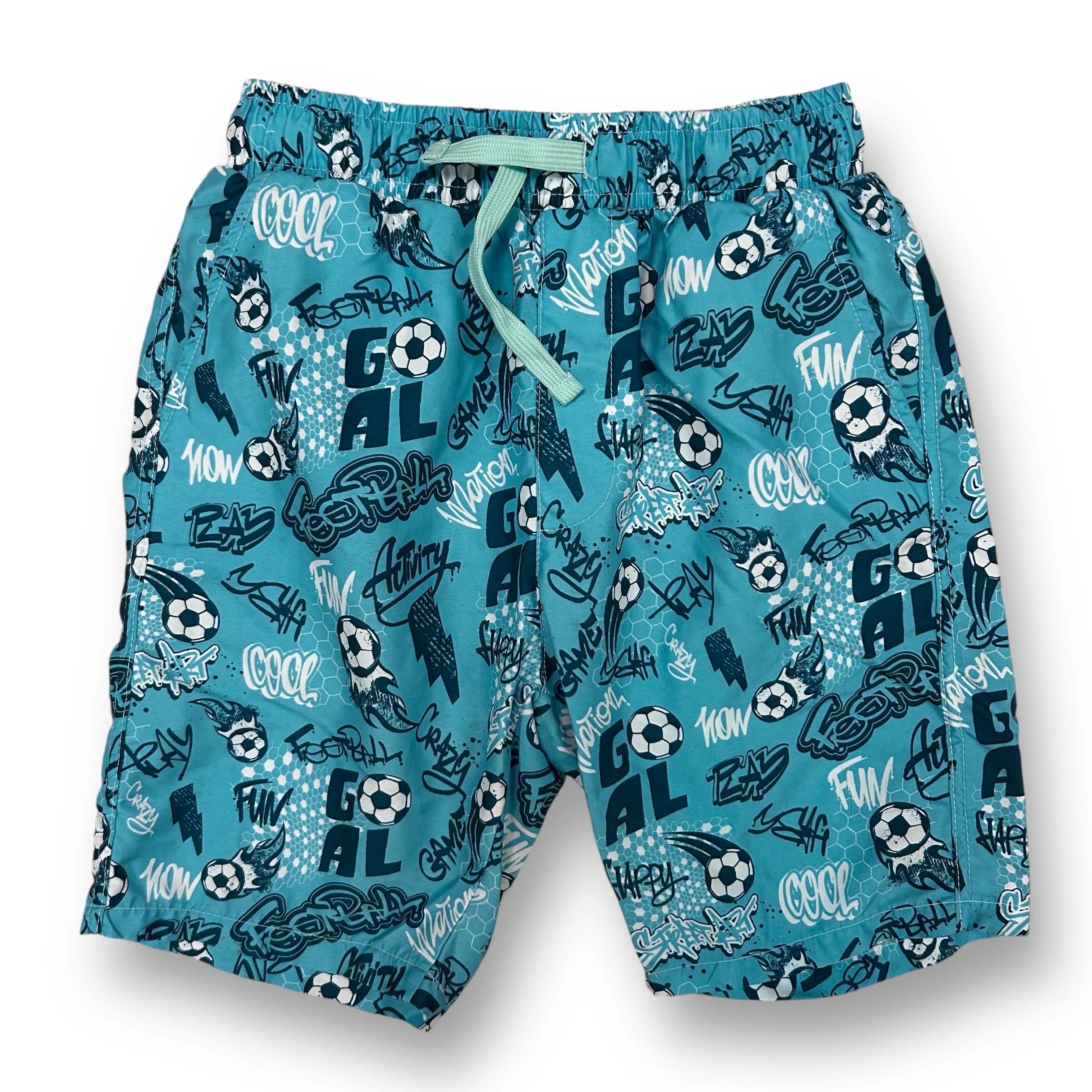 Boys Size 10/12 Green Soccer Adjustable Waist Swim Trunks