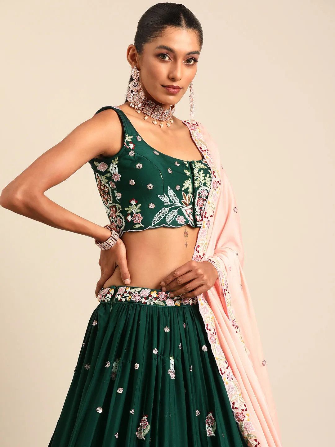 Captivating Green Sequinned Lehenga Choli Set - Mesmerize in Emerald Elegance