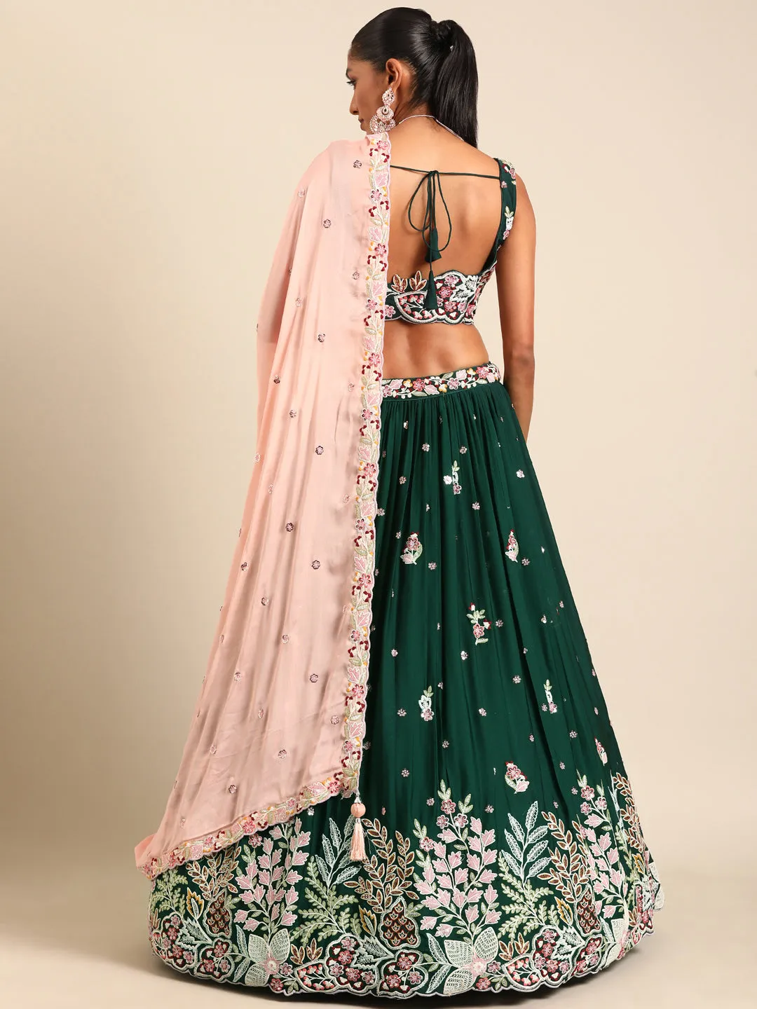 Captivating Green Sequinned Lehenga Choli Set - Mesmerize in Emerald Elegance