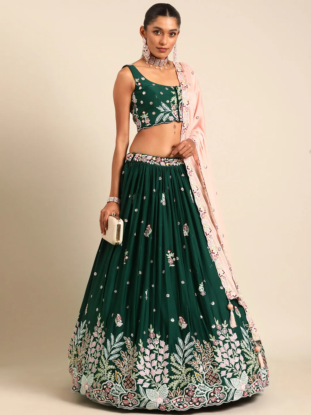 Captivating Green Sequinned Lehenga Choli Set - Mesmerize in Emerald Elegance