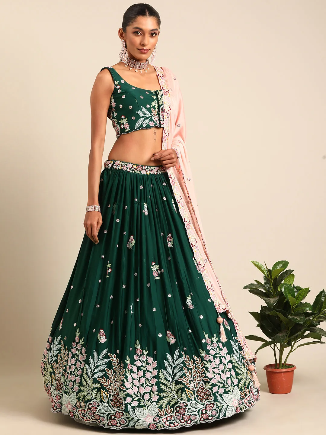 Captivating Green Sequinned Lehenga Choli Set - Mesmerize in Emerald Elegance