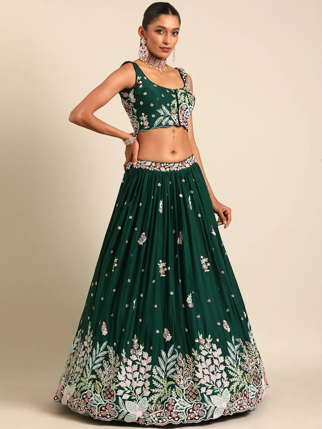 Captivating Green Sequinned Lehenga Choli Set - Mesmerize in Emerald Elegance