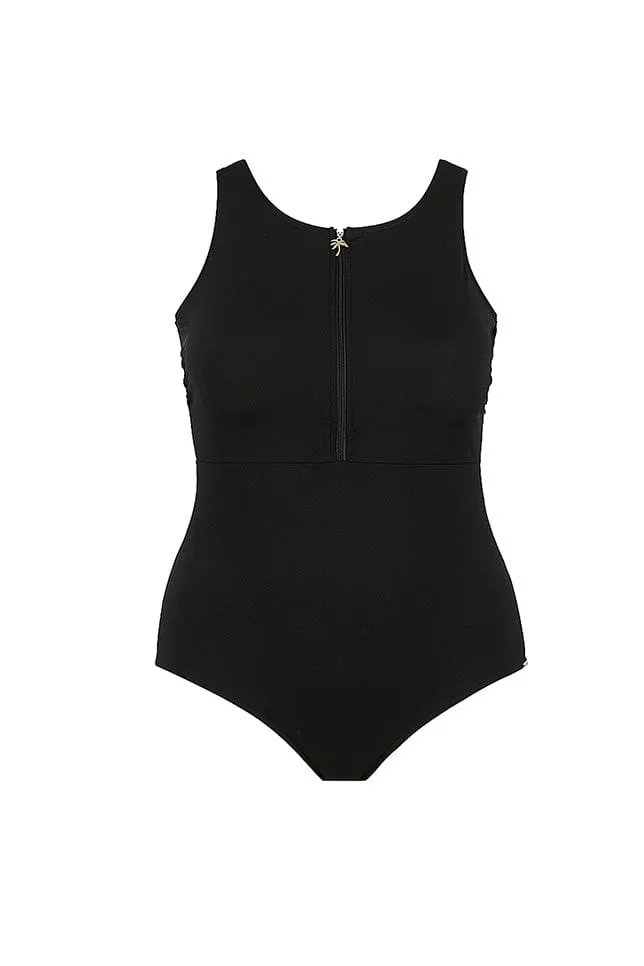 Chlorine Resistant Luxe Sport Black Sleeveless Zip Front One Piece