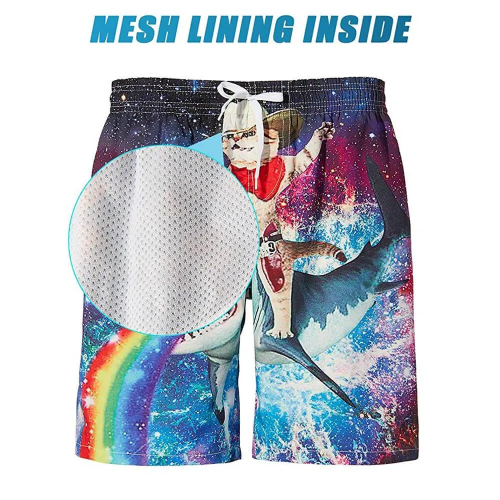 Cowboy Cat Riding Shark Funny Swim Trunks