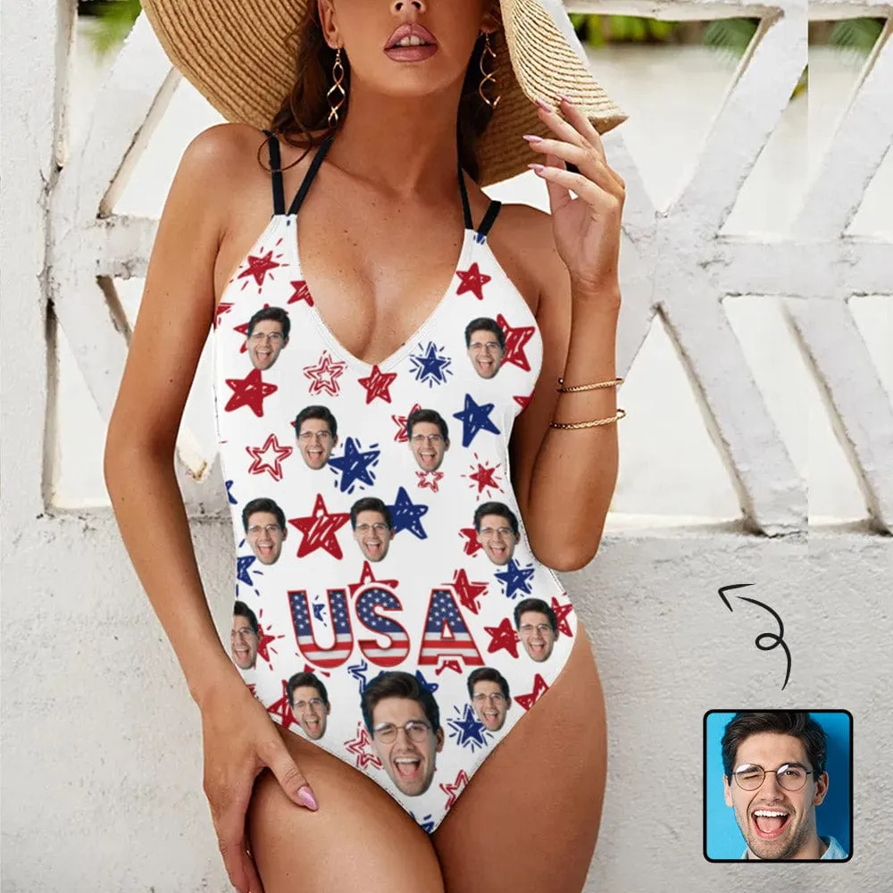 Custom Face American Stars Swimsuit Personalized Women's V-neck One Piece Bathing Suit For Her