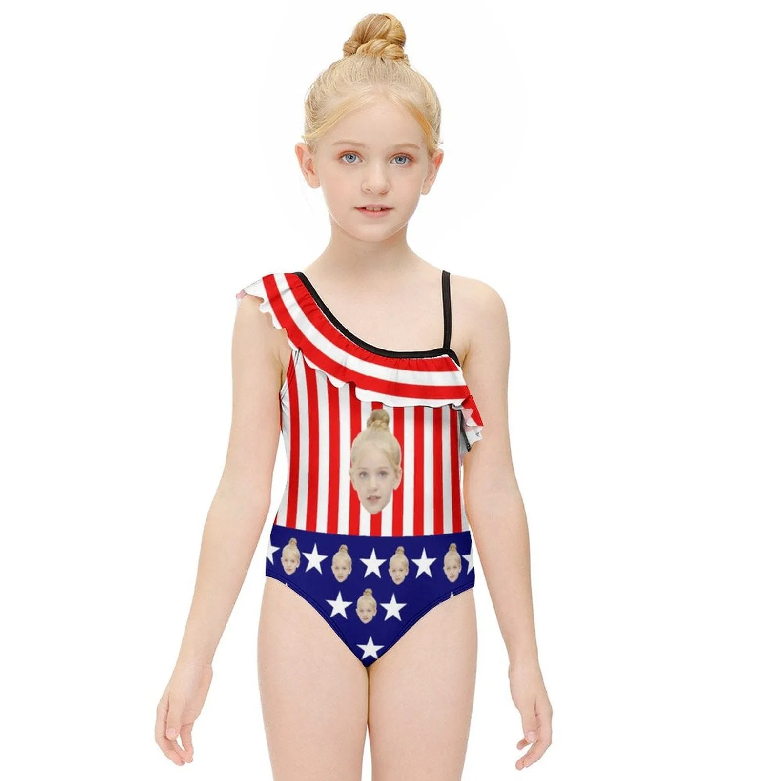 Custom Face Flag Kids Floundered One-Piece Swimsuit For Girls All Over Print Beach Swimwear Bathing Suit For Kids 6-12 Years