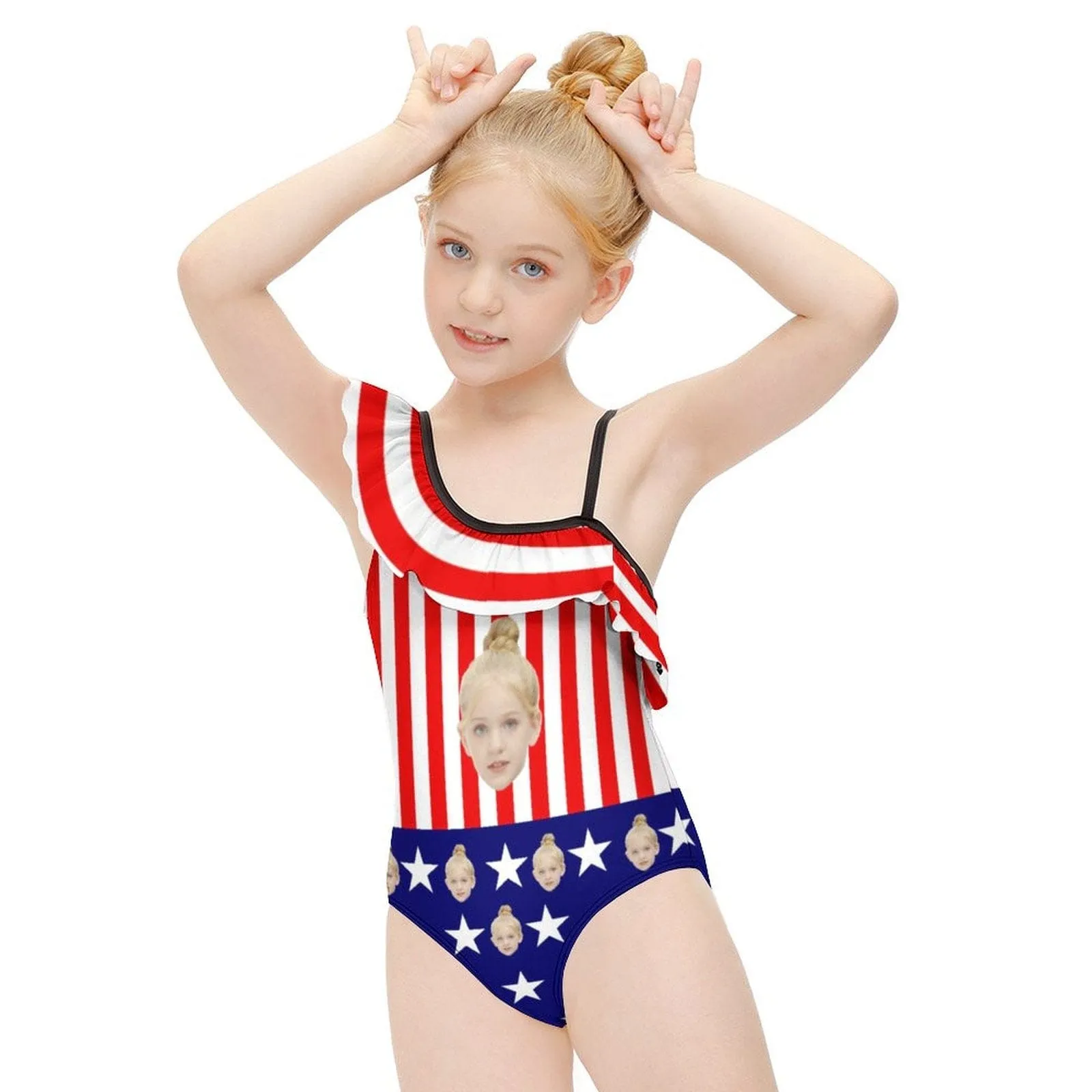 Custom Face Flag Kids Floundered One-Piece Swimsuit For Girls All Over Print Beach Swimwear Bathing Suit For Kids 6-12 Years