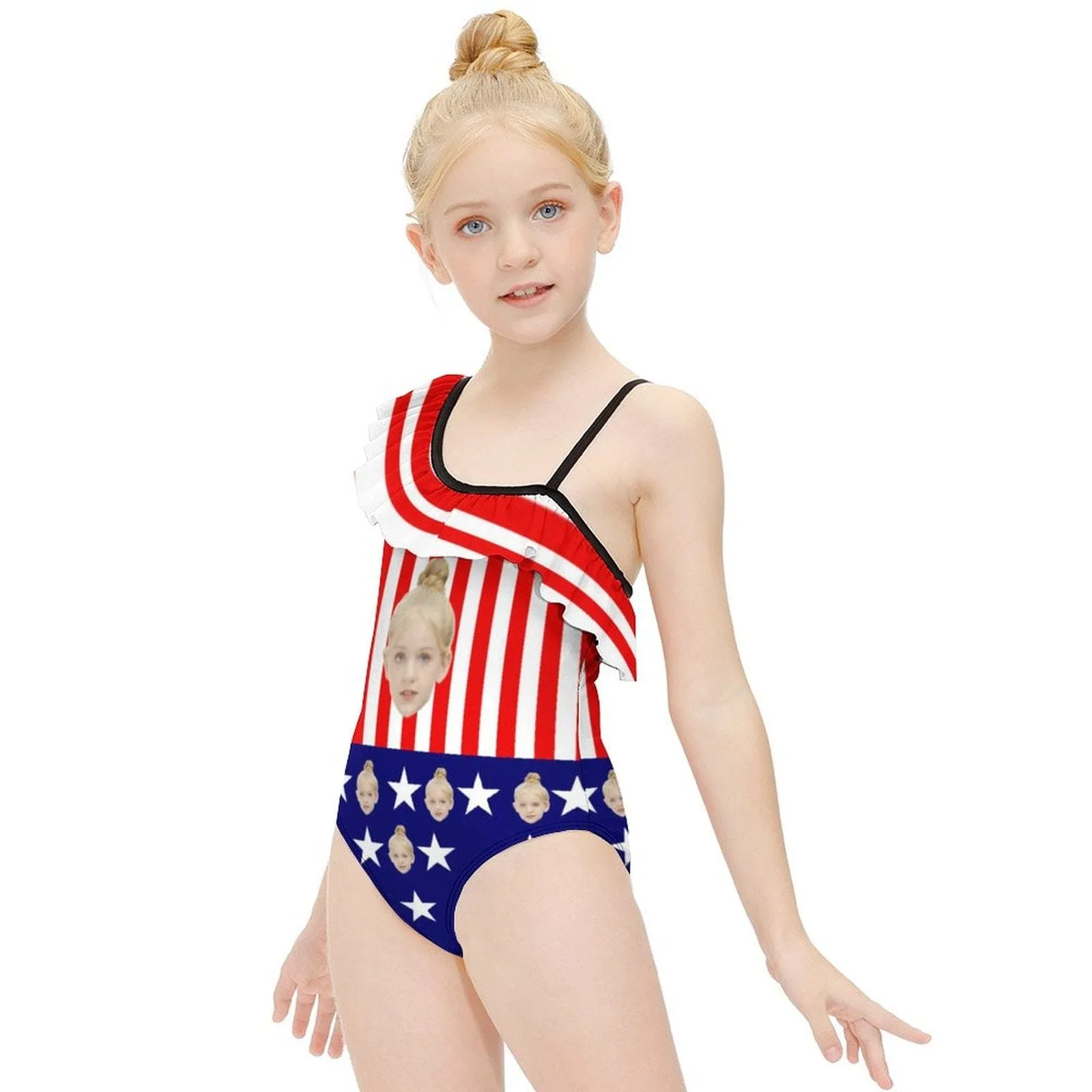 Custom Face Flag Kids Floundered One-Piece Swimsuit For Girls All Over Print Beach Swimwear Bathing Suit For Kids 6-12 Years