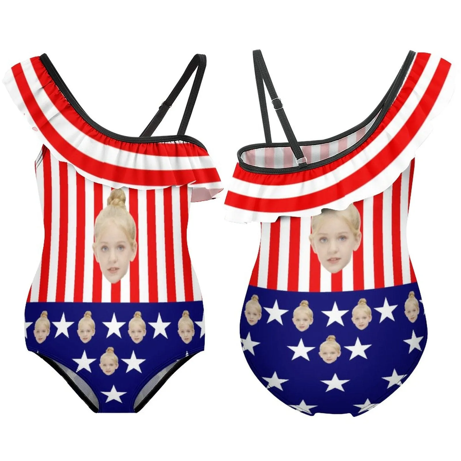 Custom Face Flag Kids Floundered One-Piece Swimsuit For Girls All Over Print Beach Swimwear Bathing Suit For Kids 6-12 Years