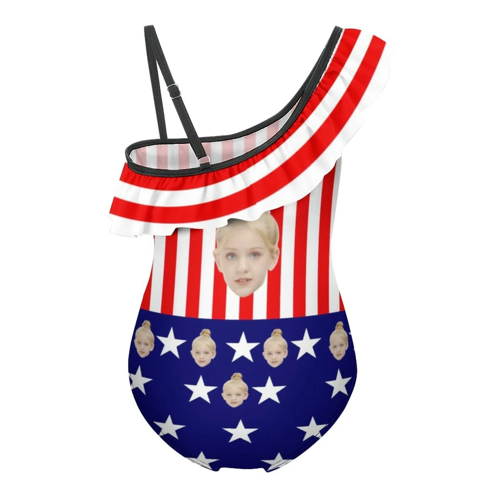 Custom Face Flag Kids Floundered One-Piece Swimsuit For Girls All Over Print Beach Swimwear Bathing Suit For Kids 6-12 Years