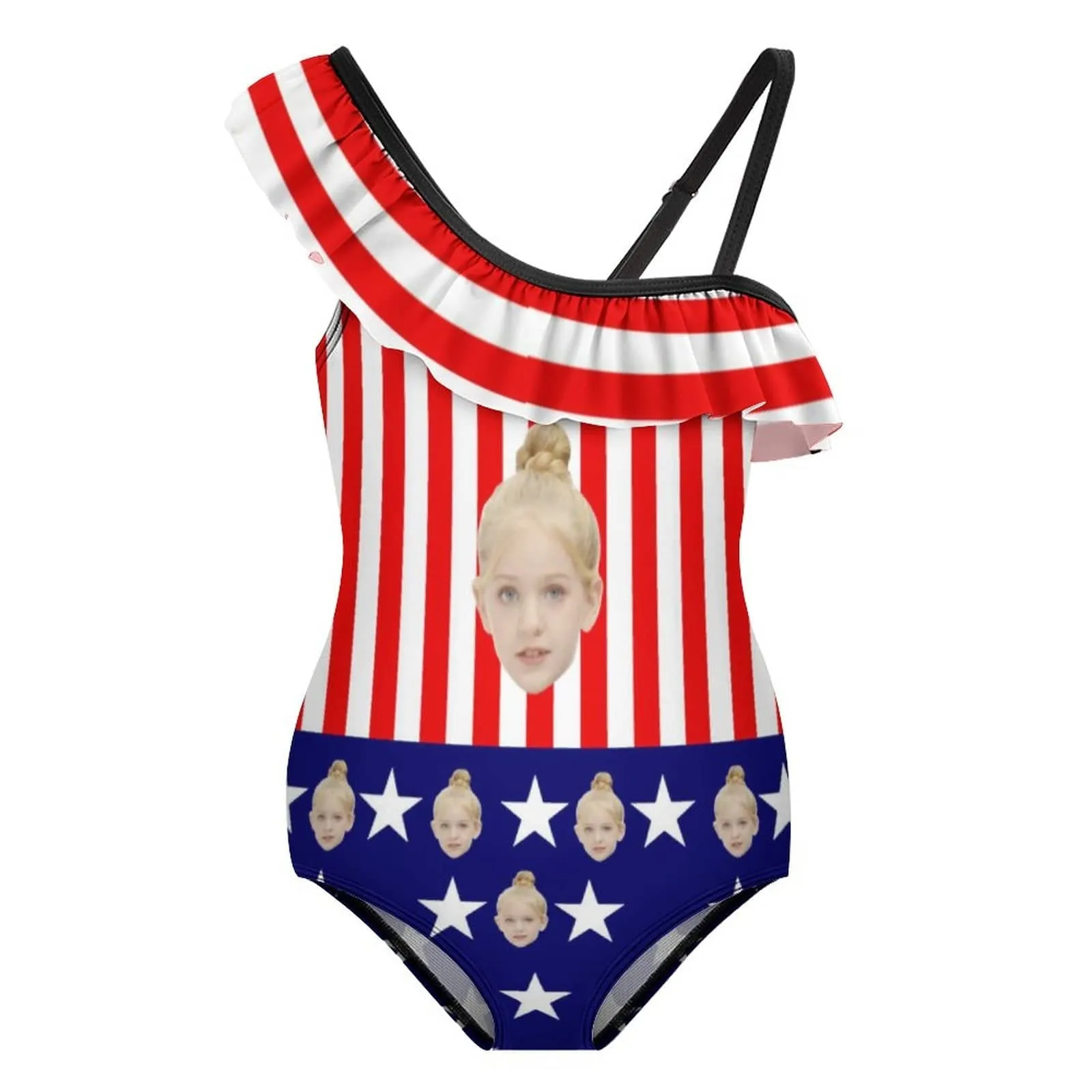 Custom Face Flag Kids Floundered One-Piece Swimsuit For Girls All Over Print Beach Swimwear Bathing Suit For Kids 6-12 Years