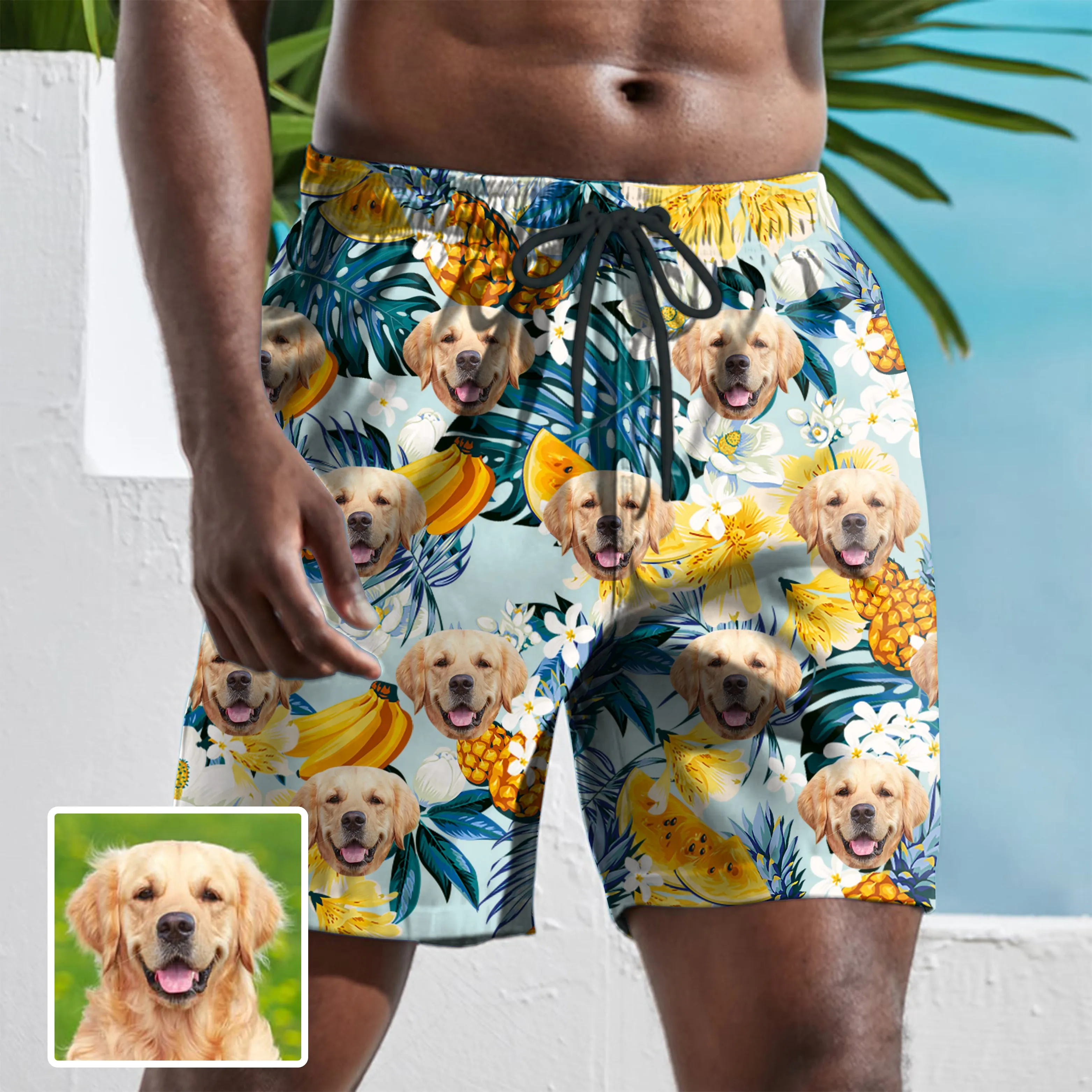 Custom Face Floral Fruits Palm Leaves Men's Mid-Length Swim Shorts - Cyan