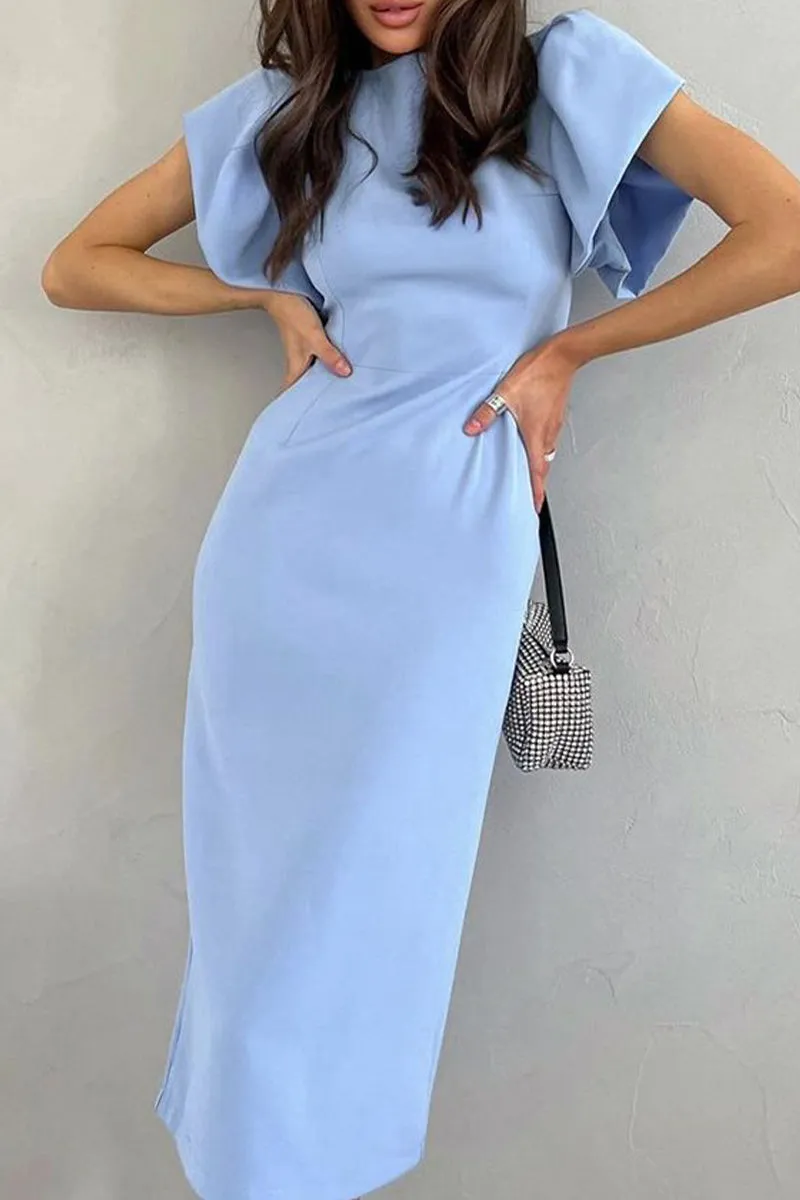 Cute Elegant Solid Flounce Slit O Neck Wrapped Skirt Dresses