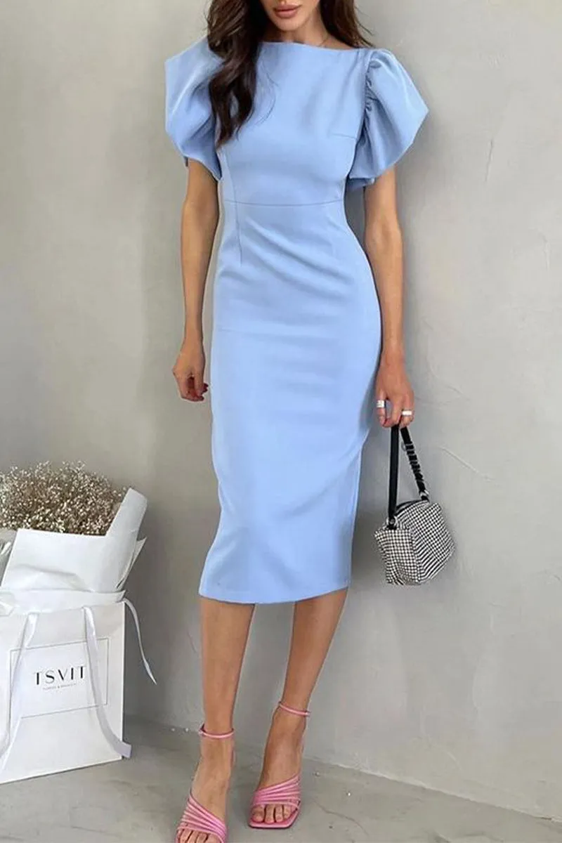 Cute Elegant Solid Flounce Slit O Neck Wrapped Skirt Dresses