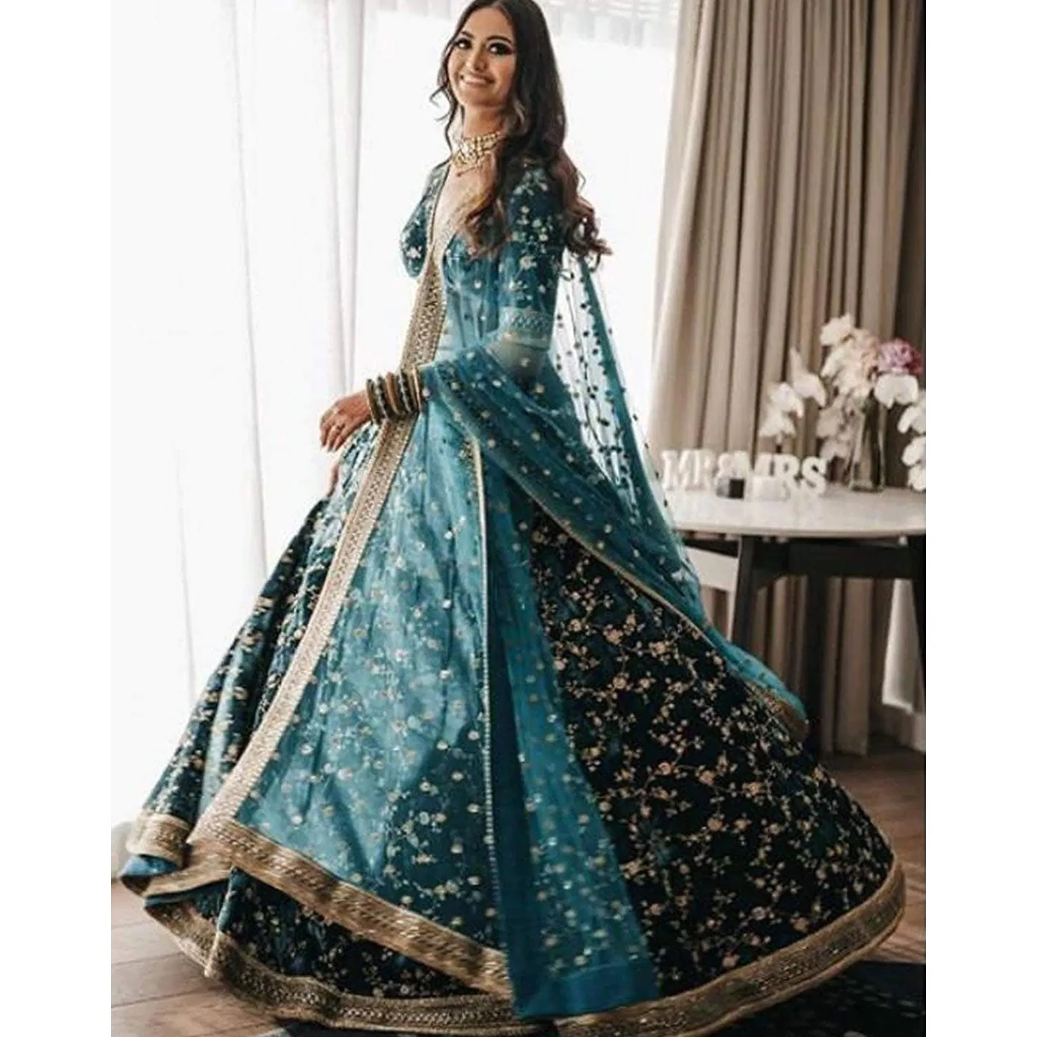 Dark Green Color Pure Velvet Bridal Wear Embroidered Lehenga Choli