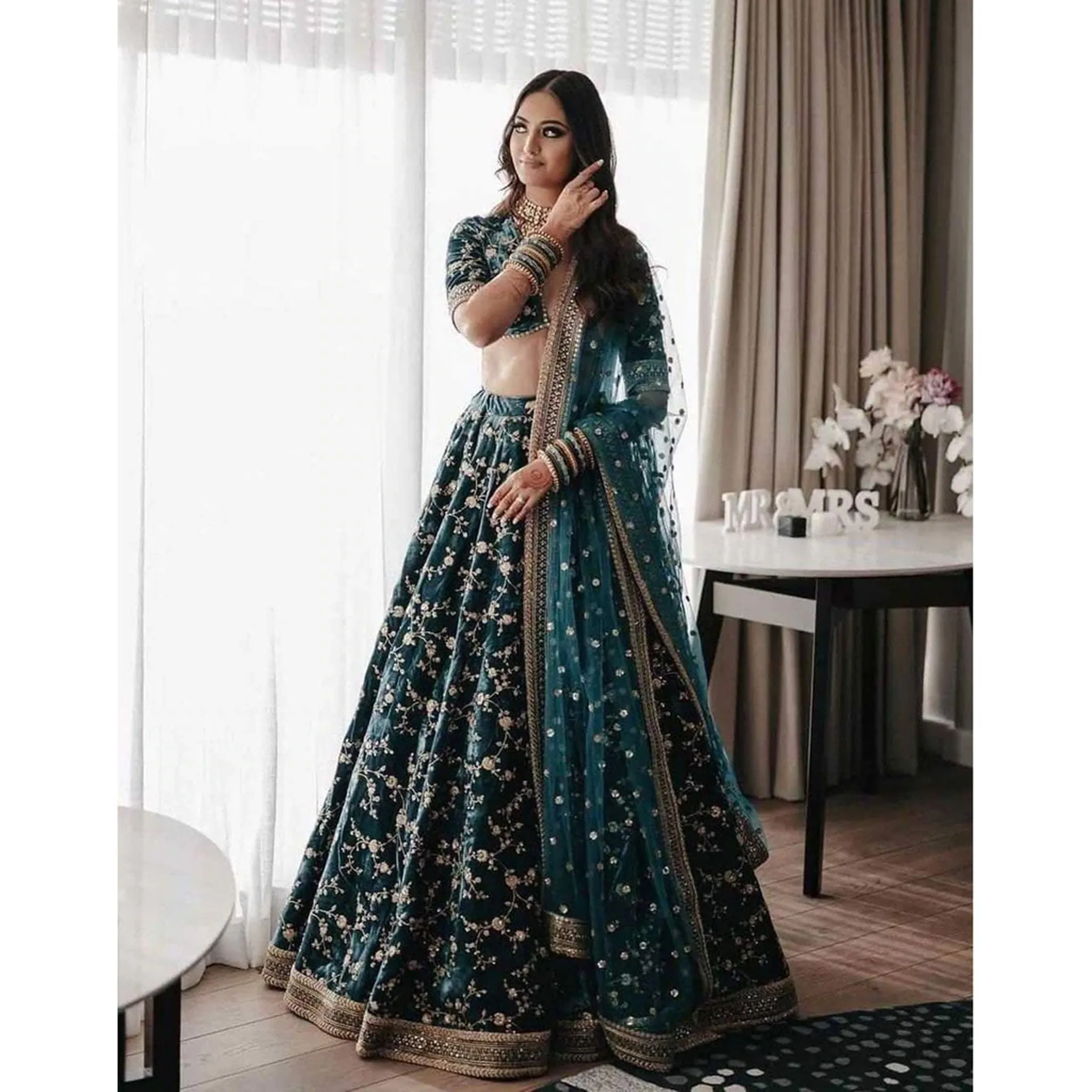 Dark Green Color Pure Velvet Bridal Wear Embroidered Lehenga Choli