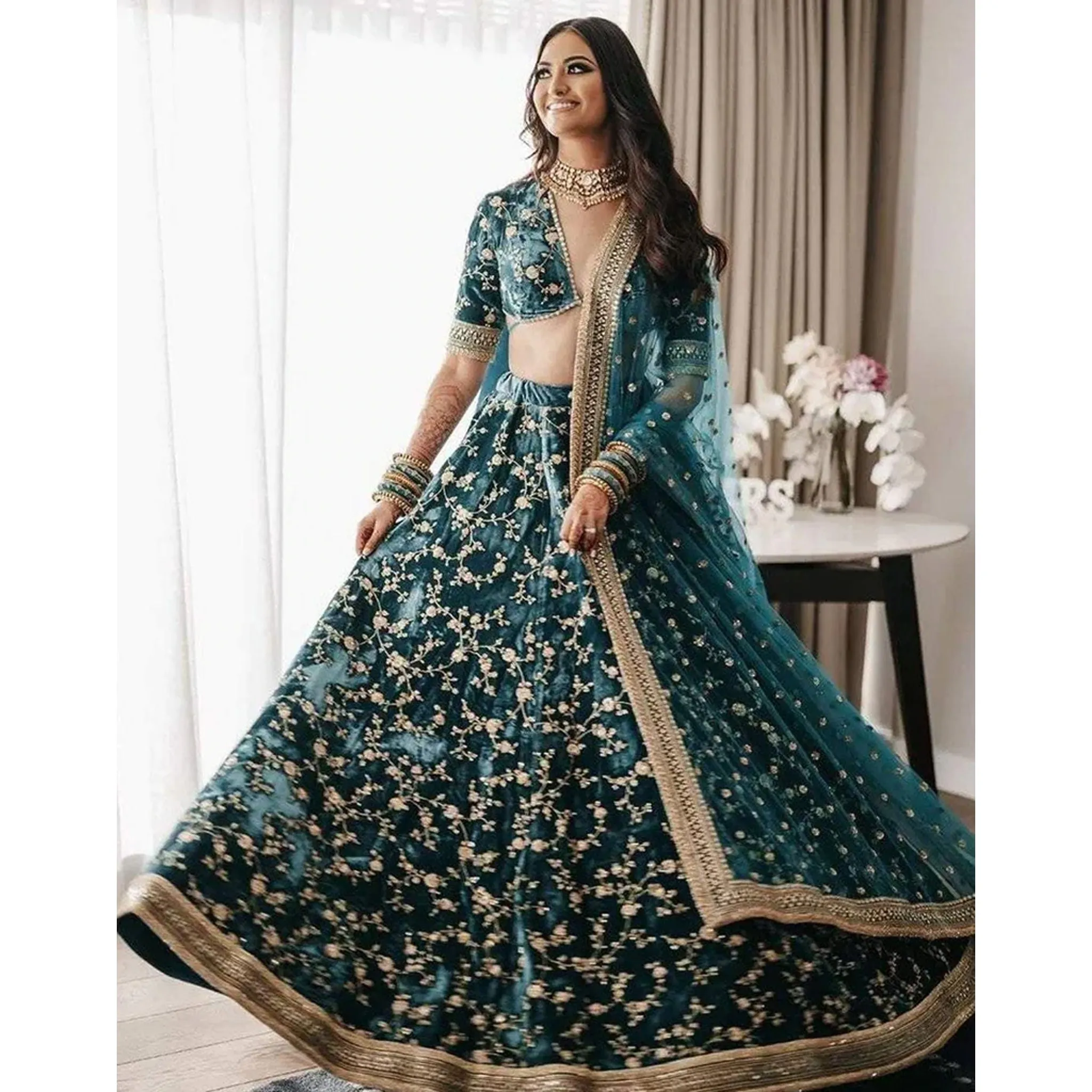 Dark Green Color Pure Velvet Bridal Wear Embroidered Lehenga Choli