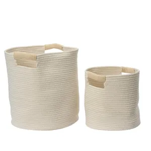 Decoris Cotton Round Basket Set of 2 with Rope Handle - White