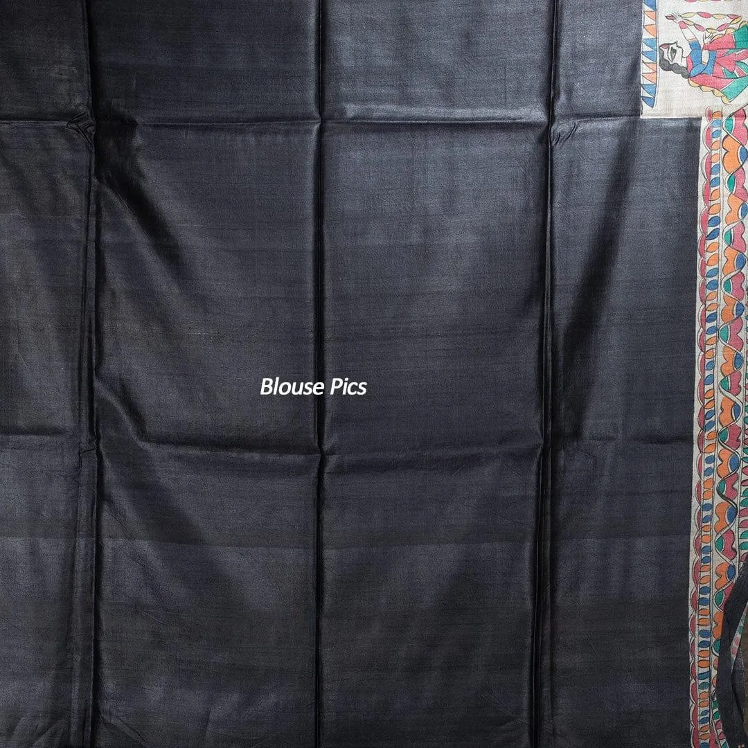 Elegant Black Hand Painted Madhubani Tussar Silk Saree