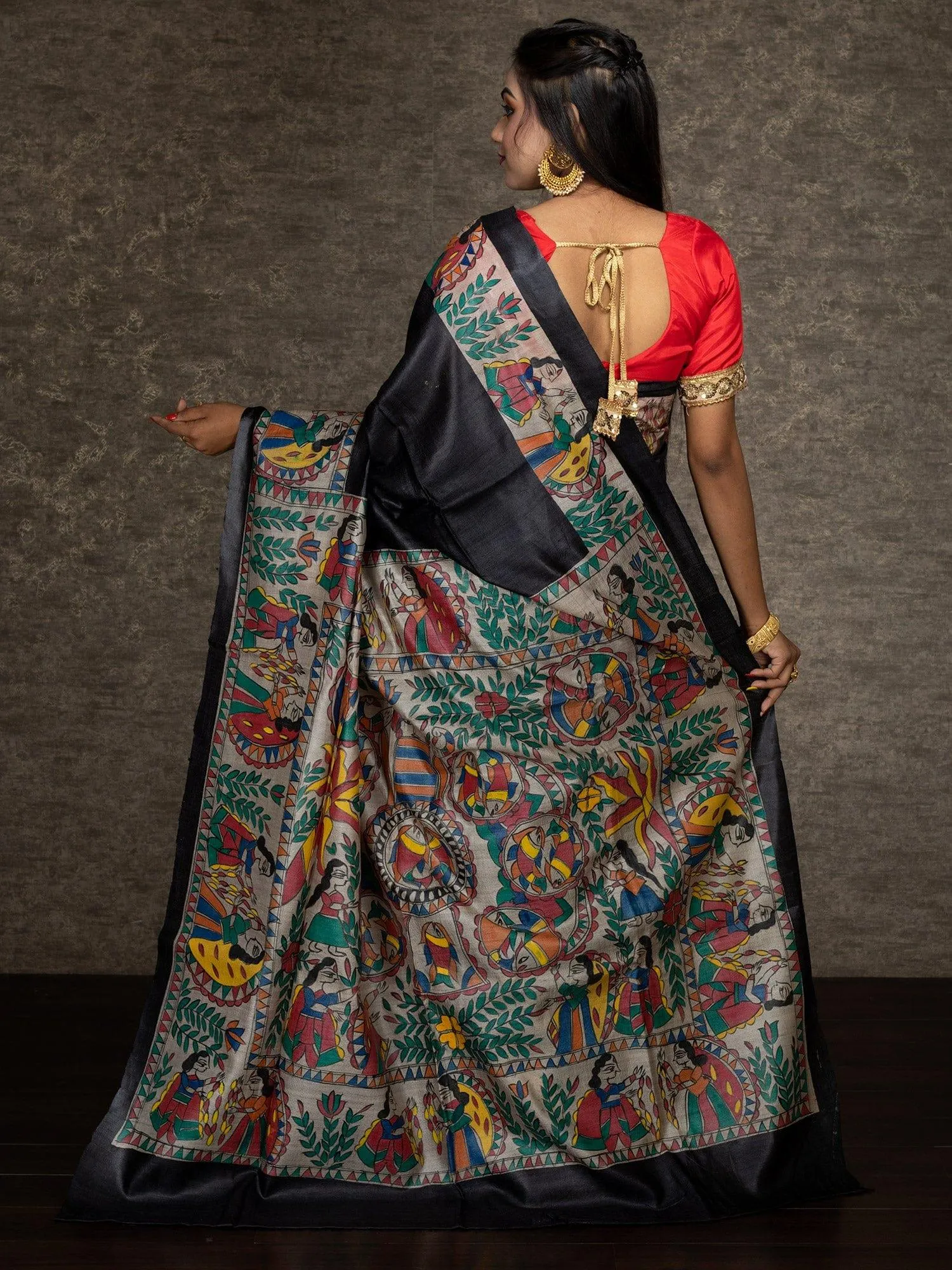 Elegant Black Hand Painted Madhubani Tussar Silk Saree