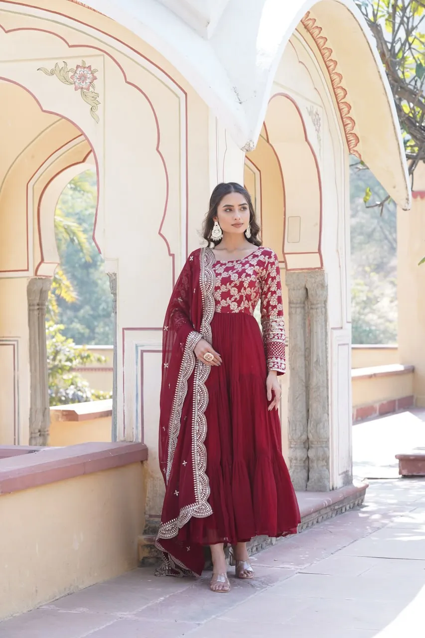 Faux Blooming Maroon Embroidered Gown with Viscose Jacquard & Dupatta