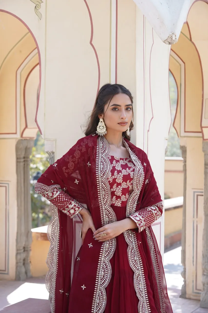 Faux Blooming Maroon Embroidered Gown with Viscose Jacquard & Dupatta