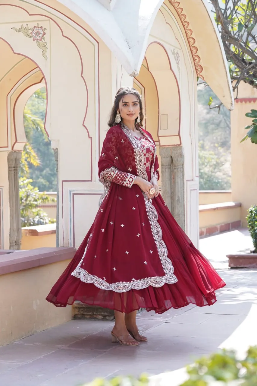 Faux Blooming Maroon Embroidered Gown with Viscose Jacquard & Dupatta