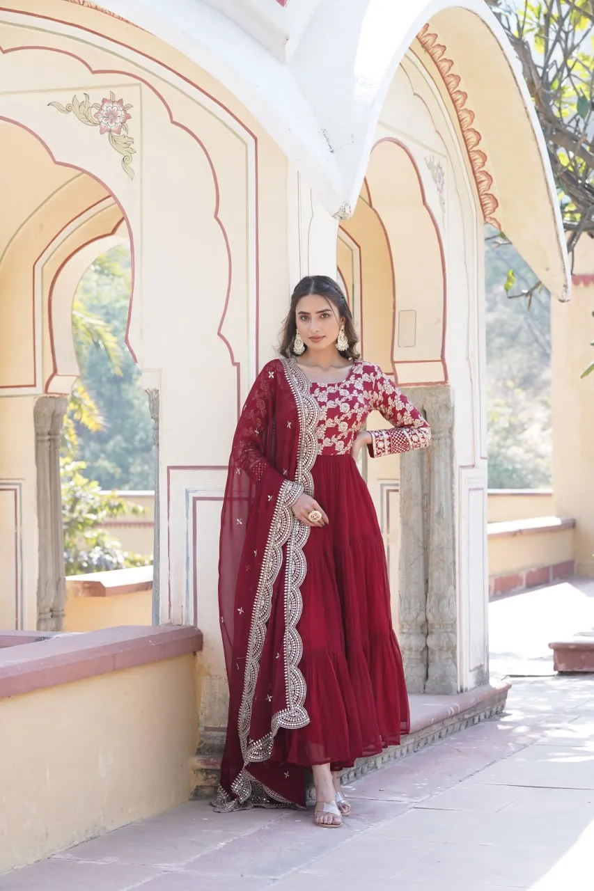 Faux Blooming Maroon Embroidered Gown with Viscose Jacquard & Dupatta