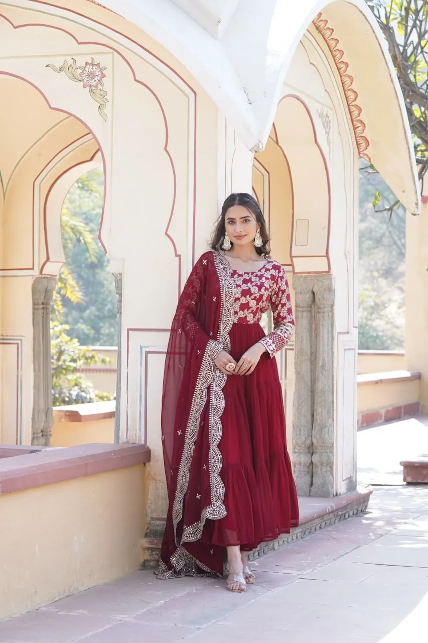 Faux Blooming Maroon Embroidered Gown with Viscose Jacquard & Dupatta