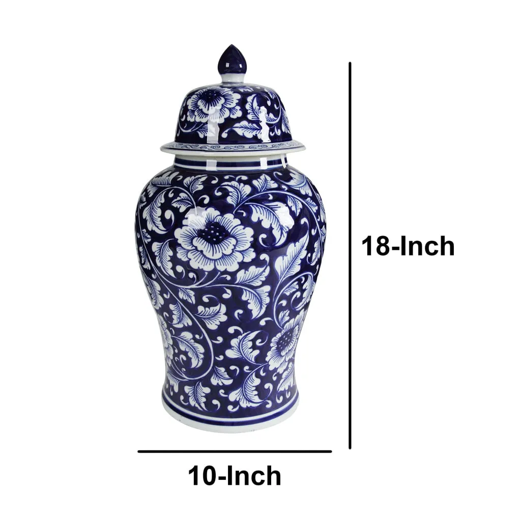 Floral Design Ginger Jar with Lid, Blue and White - BM145820