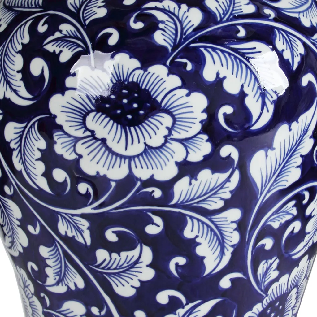 Floral Design Ginger Jar with Lid, Blue and White - BM145820