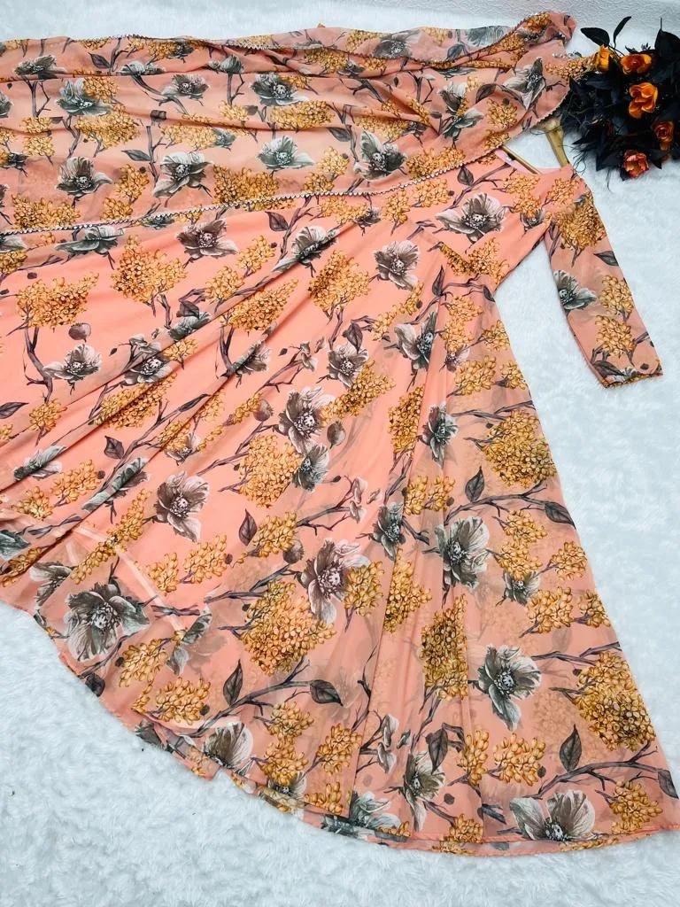 Floral Printed Peach Color Designer Gown