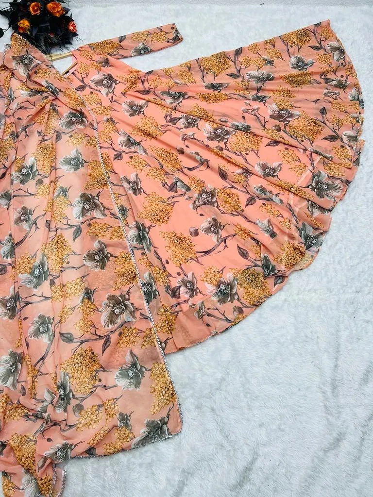 Floral Printed Peach Color Designer Gown