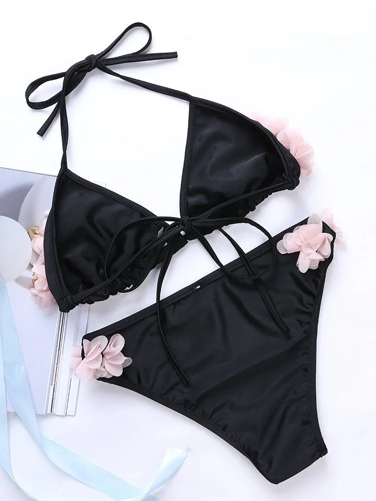 Flower String Halter Triangle Cup Bikini Set Swimsuit For Women