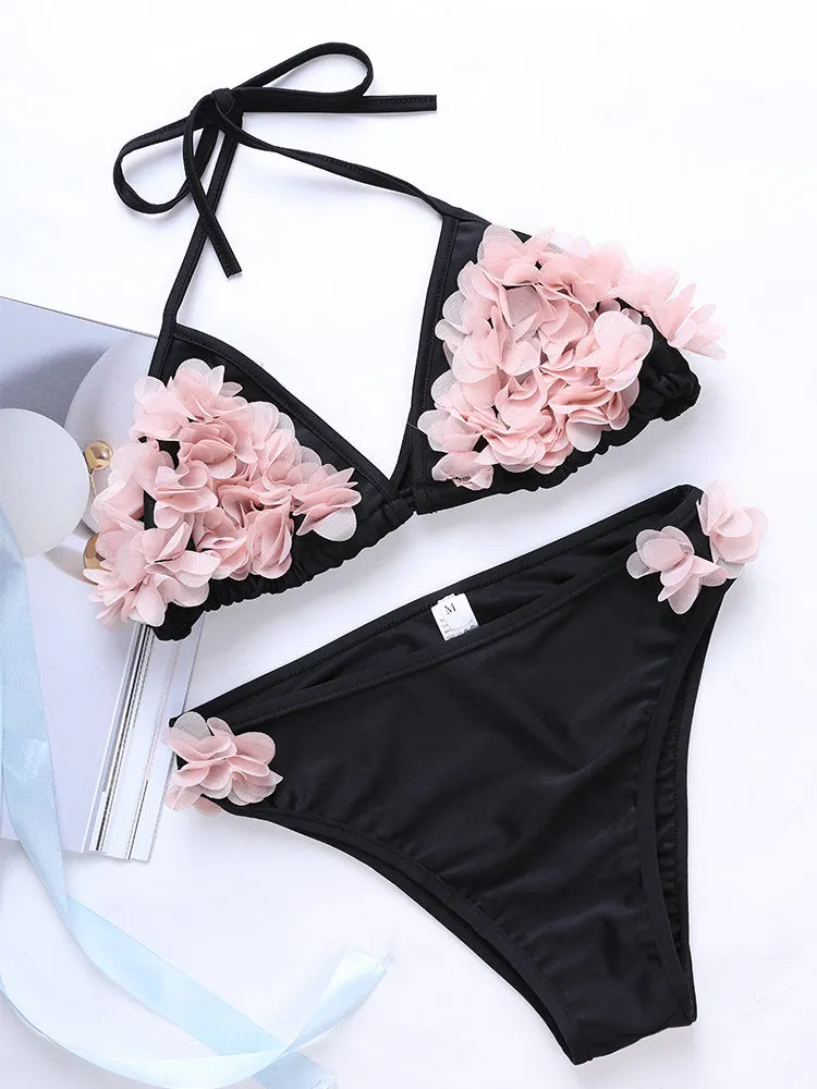 Flower String Halter Triangle Cup Bikini Set Swimsuit For Women