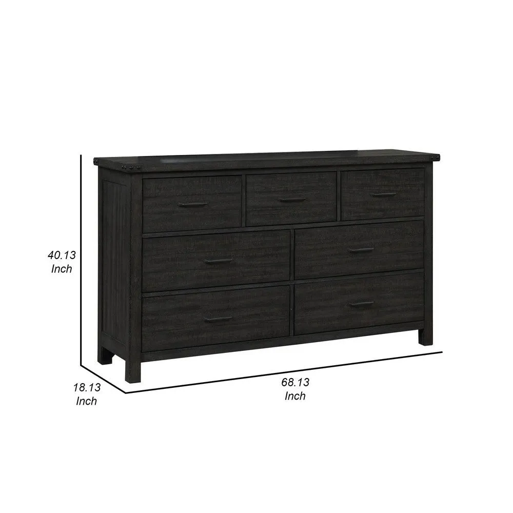 Galle 68 Inch Wide Dresser with 7 Drawers, Black Metal Handles, Gray Wood By Casagear Home