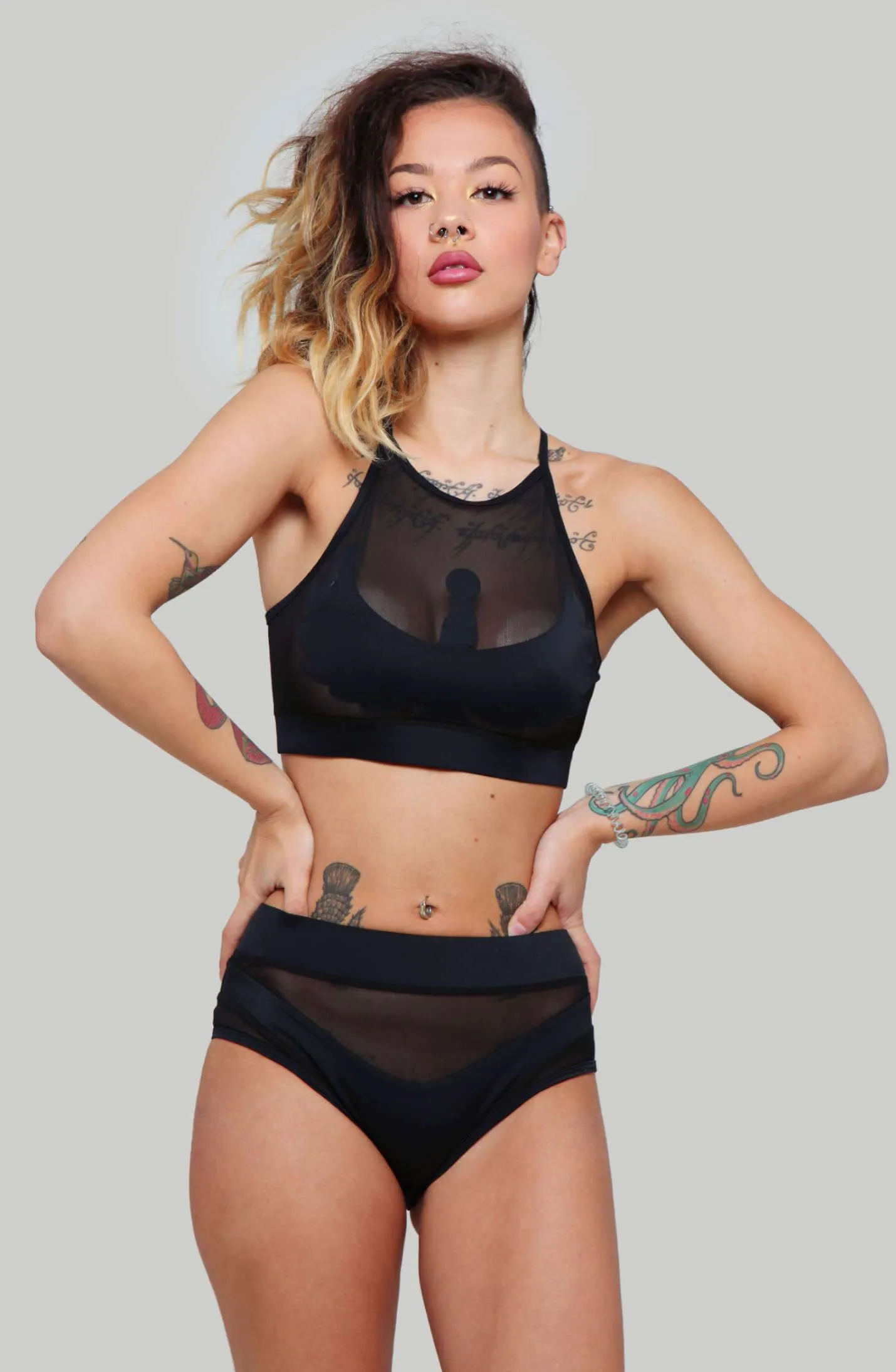 Goddess High Waisted Bottoms - Black with Black Mesh