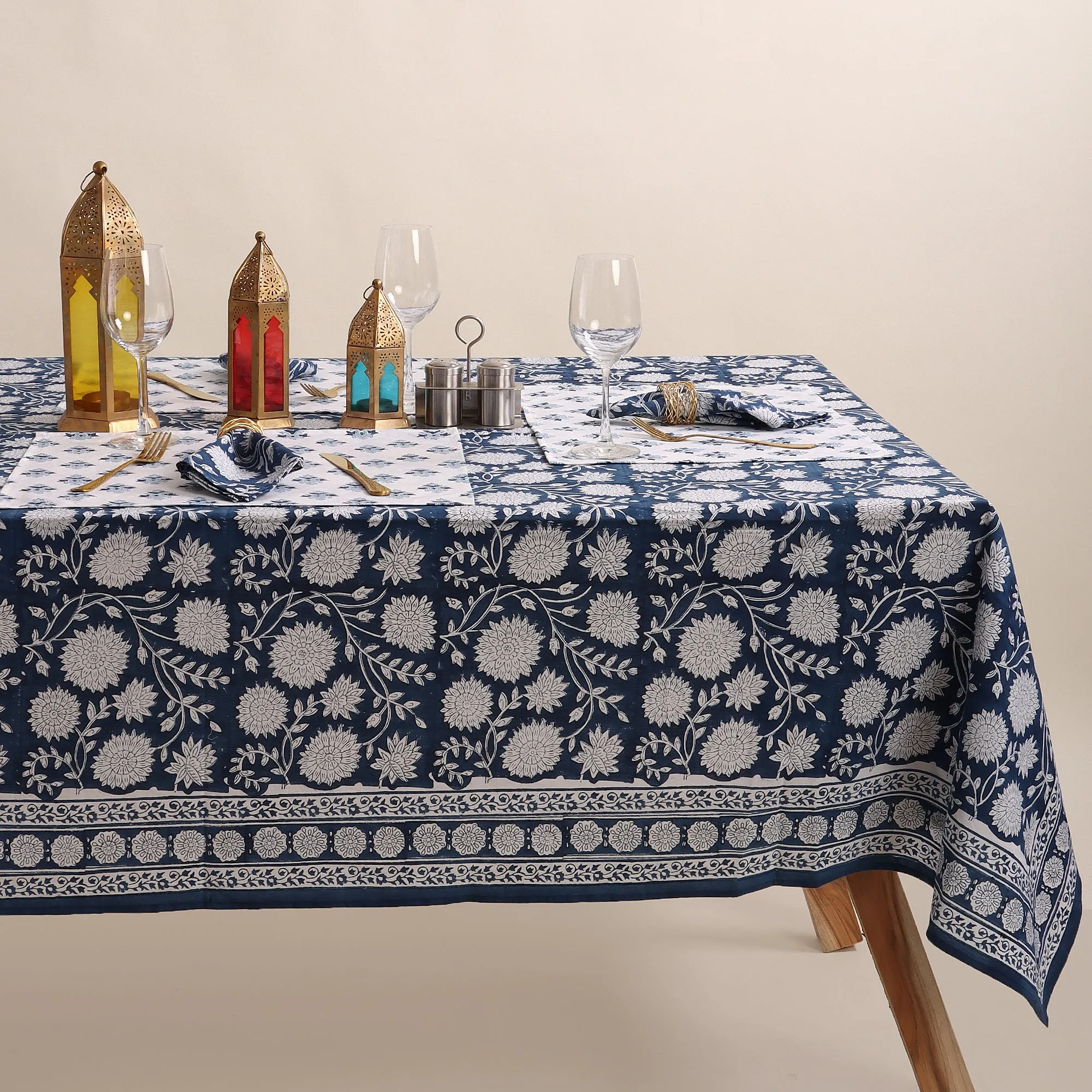 Hand Block Blue Floral Printed Cotton Table Cloth