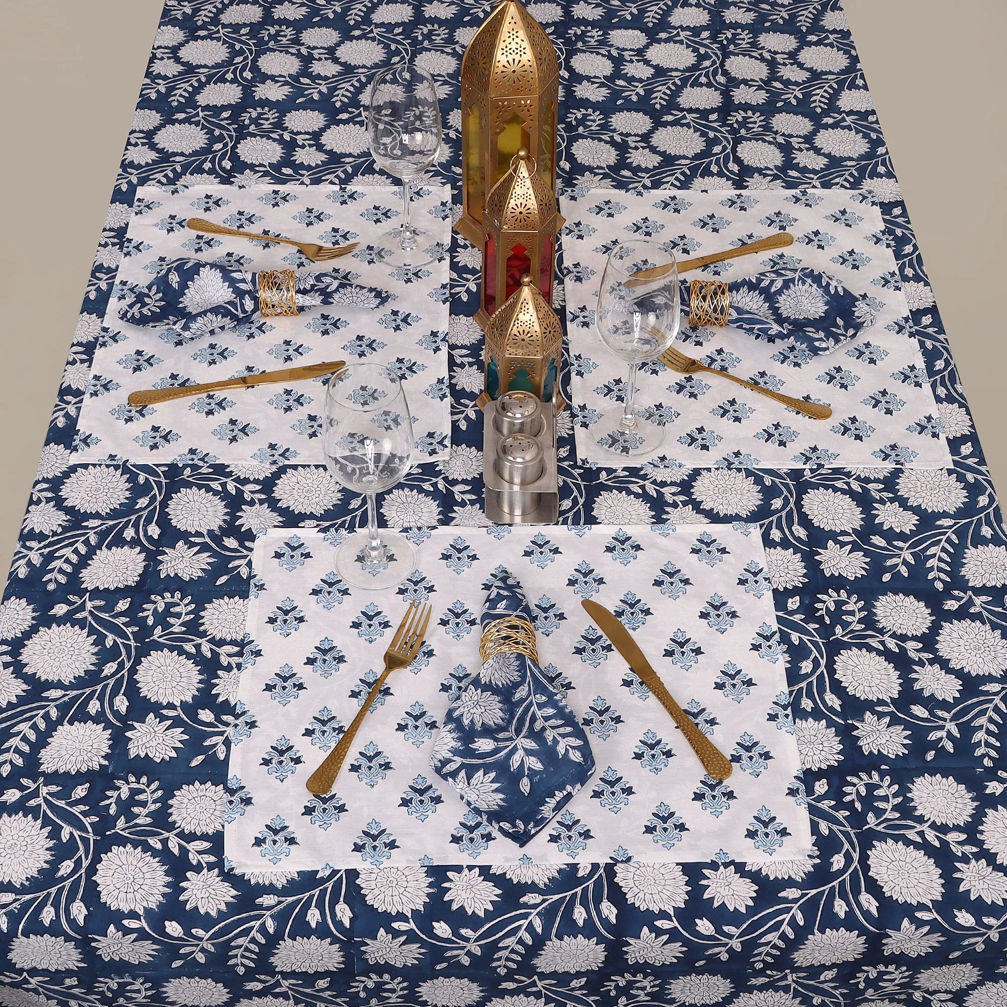 Hand Block Blue Floral Printed Cotton Table Cloth