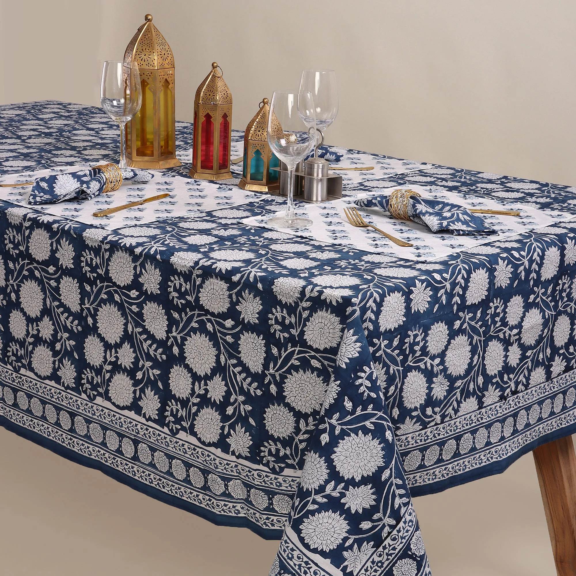 Hand Block Blue Floral Printed Cotton Table Cloth