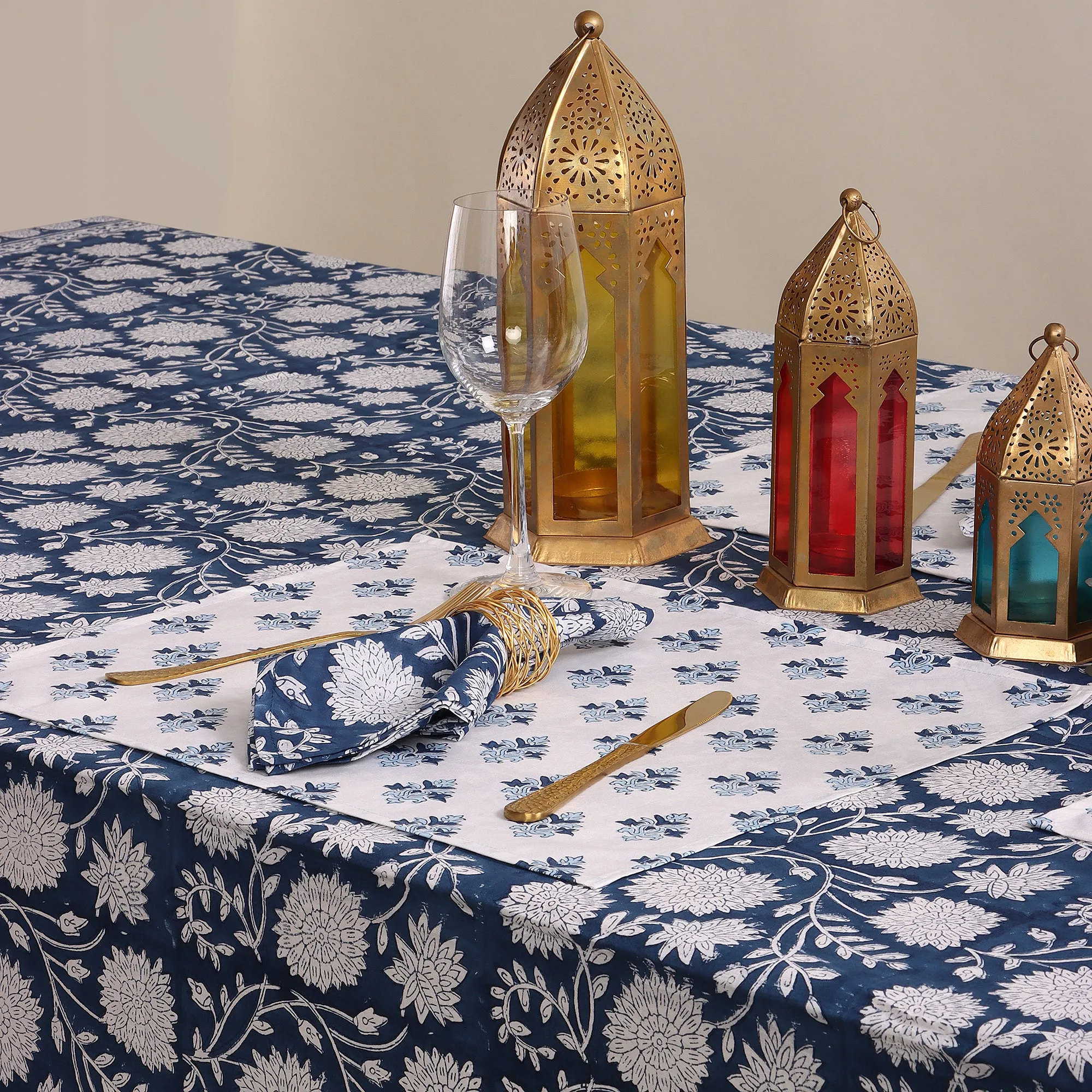 Hand Block Blue Floral Printed Cotton Table Cloth