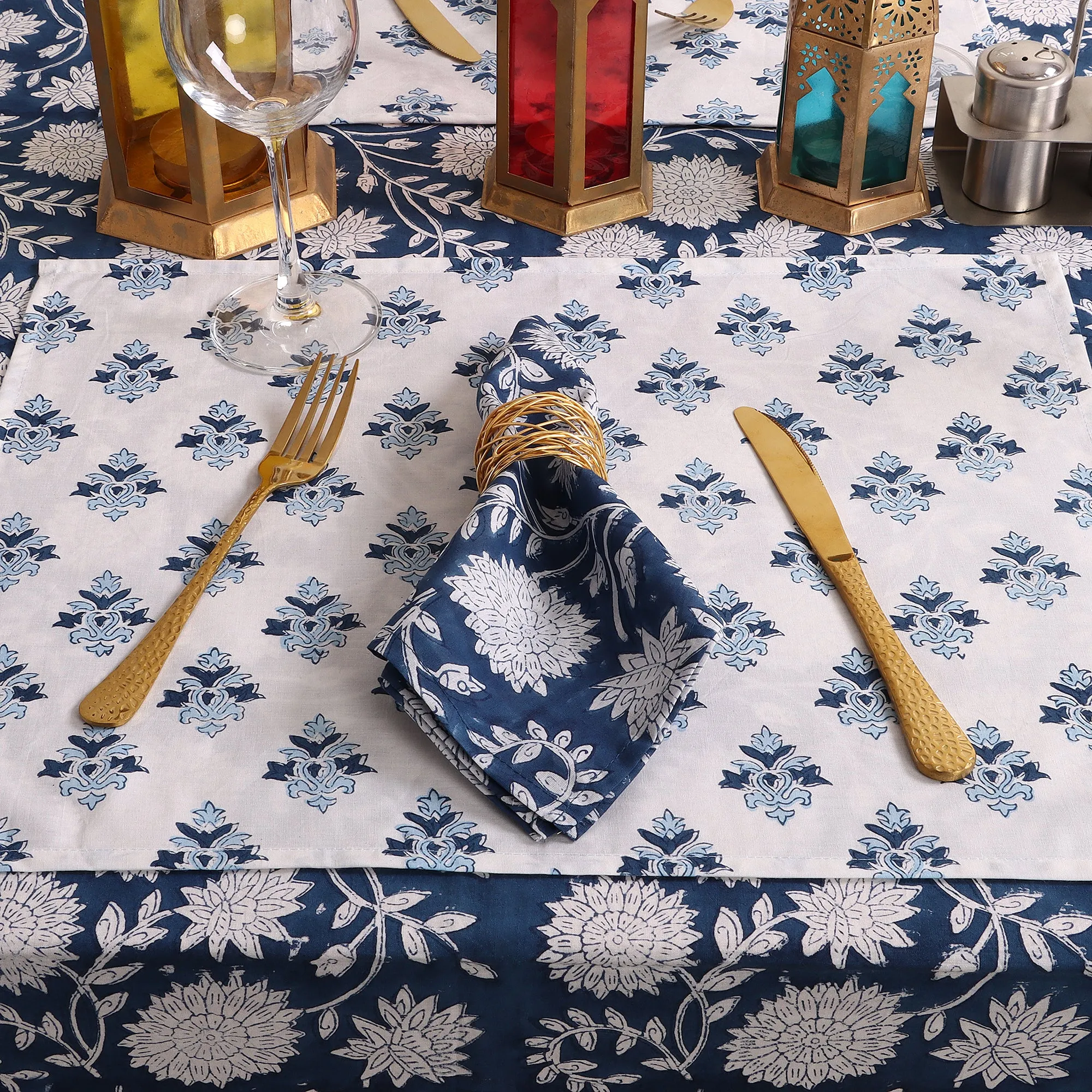 Hand Block Blue Floral Printed Cotton Table Cloth